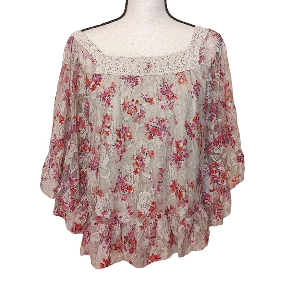 NY Collection Floral Boho Blouse Size Medium M Lace Square Neckline Flowy